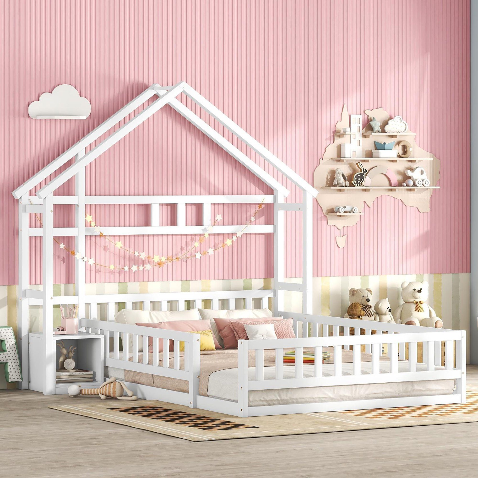Merax Holzbett, mit Nachttisch und Rausfallschutz, Kinderbett 140x200 cm, Hausbett