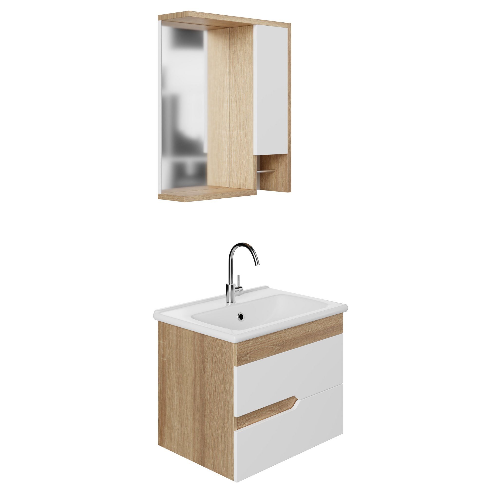 Karen Badezimmer-Set Marmara (Weiß), (Komplett-Set, 3-Teilig (Unterschrank, Spiegelschrank, Waschbecken), Innovatives Design, MDF Lam, Softclose, Funktionalität