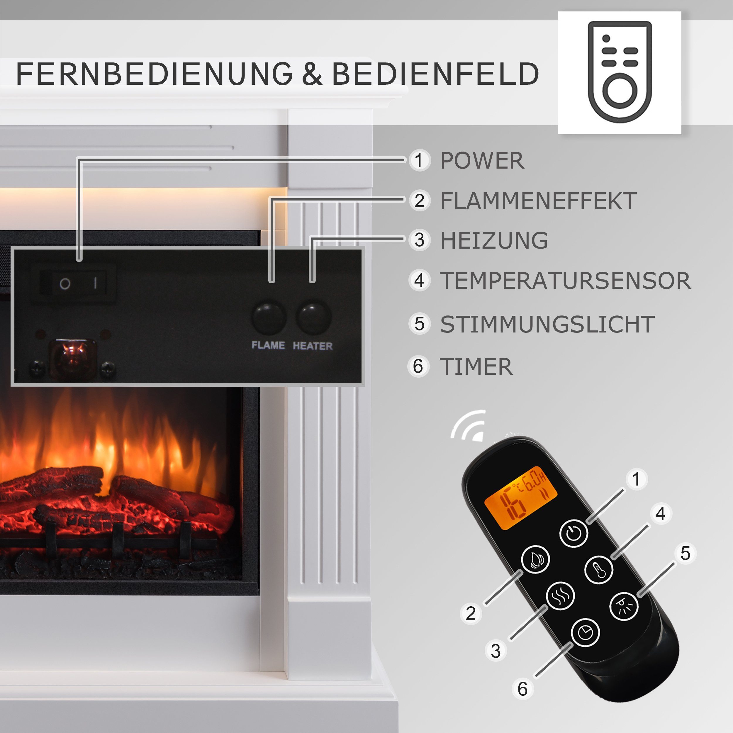 RICHEN Elektrokamin Ladina, Standkamin mit Heizung 2000W, LED-Beleuchtung 3D-Flammeneffekt Fernbedienung Timer Thermostat