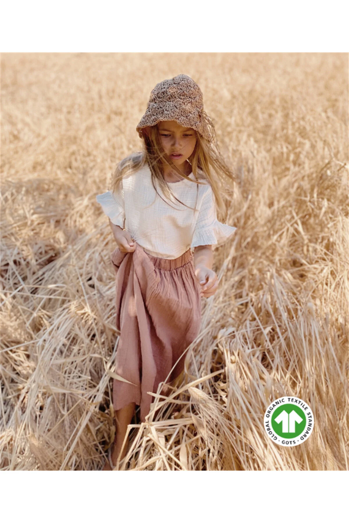 Cigit  Set mit übergroßer böhmischer Bluse und langem Rock aus Bio-Musselin, 2–8 Jahre, Creme