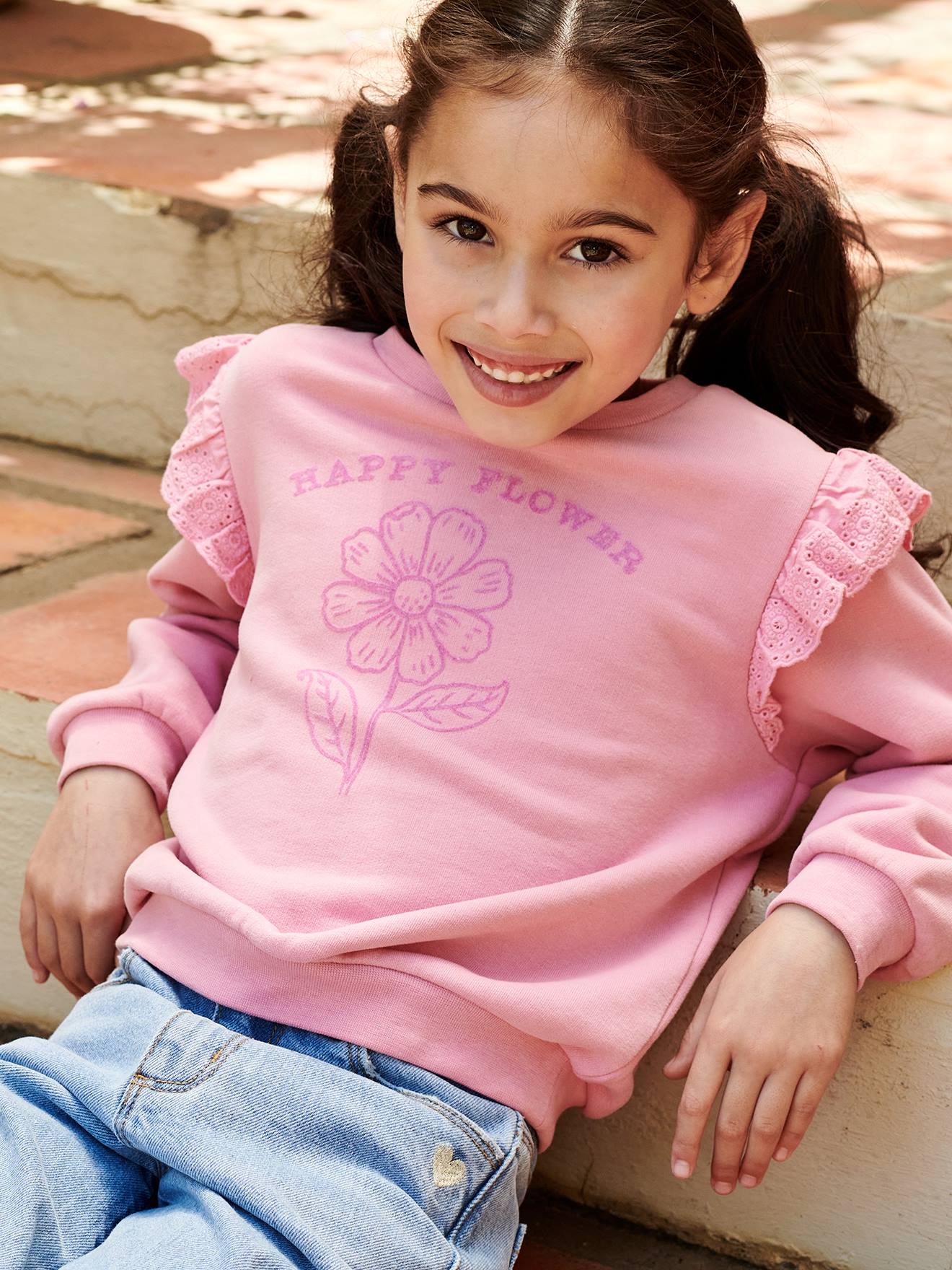 Sweat motif fleur flocké fille volants en broderie anglaise rose bonbon