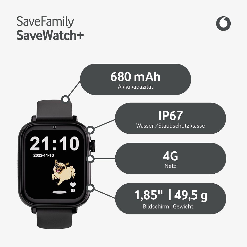 SaveFamily SaveWatch+ (inklusive Vodafone SIM-Karte) Smartwatch (4,7 cm/1,85 Zoll, Android 8.1), inkl. magnetisches Ladekabel, Kinder-Smartwatch, Kids Watch, wechselbares Armband, Face ID