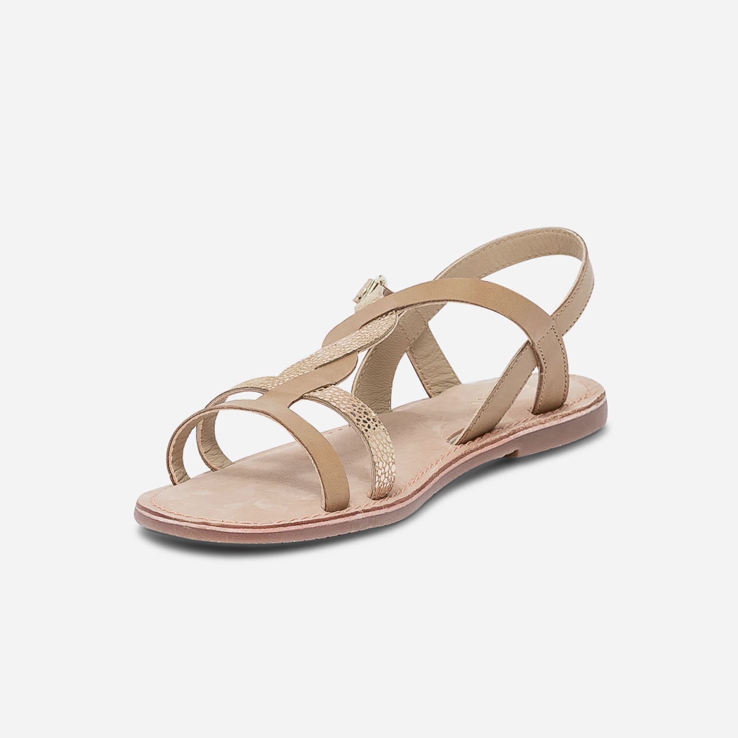 Sandale camel en cuir lisse et imprimé