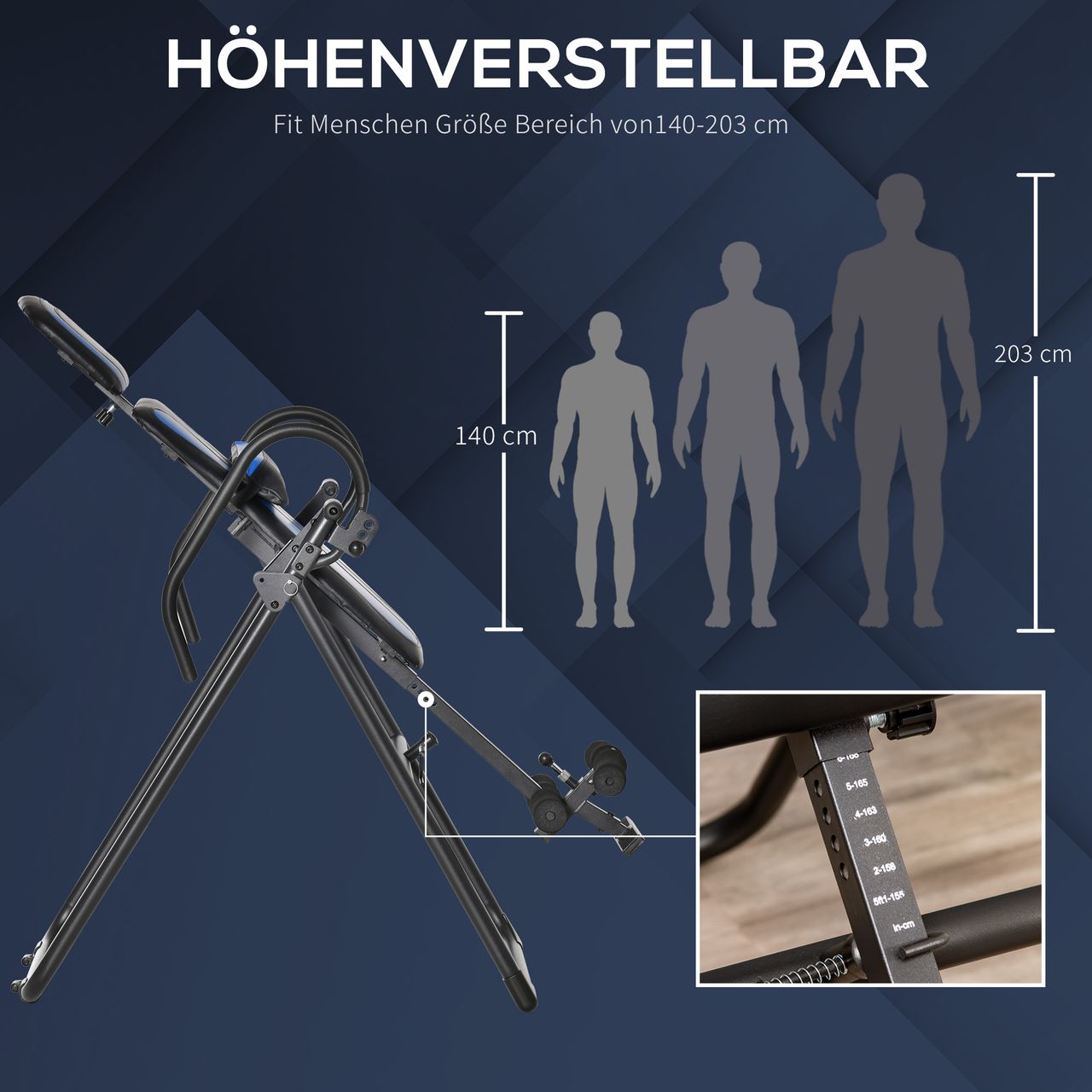 HOMCOM Inversionsbank eingestellt Rückenpolster Metall ABS Schwarz Blau