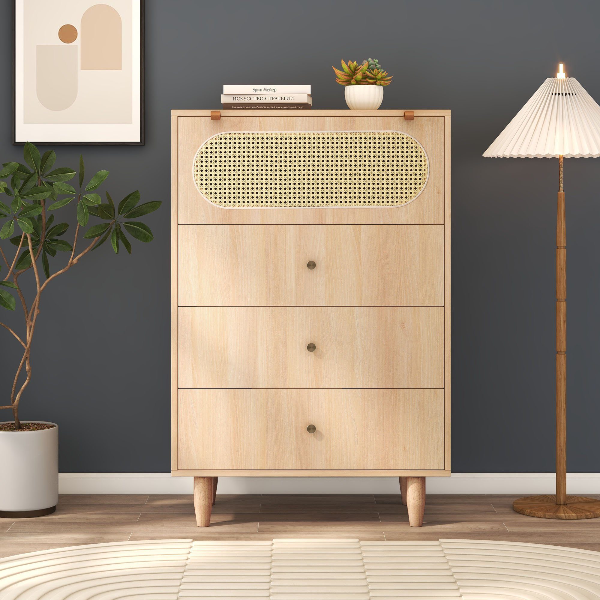 Merax Highboard, mit Rattantür und 3 Schubladen, Sideboard, Kommode, 120cm Hoch