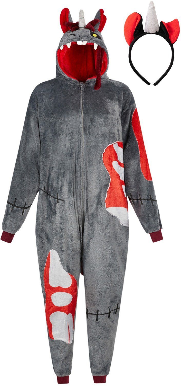Corimori Jumpsuit Flauschiges Zombie Einhorn Kostüm für Kinder (2-tlg) mit Haarreif, Onesie, Mädchen, Jungen, Karneval, Fasching, Halloween