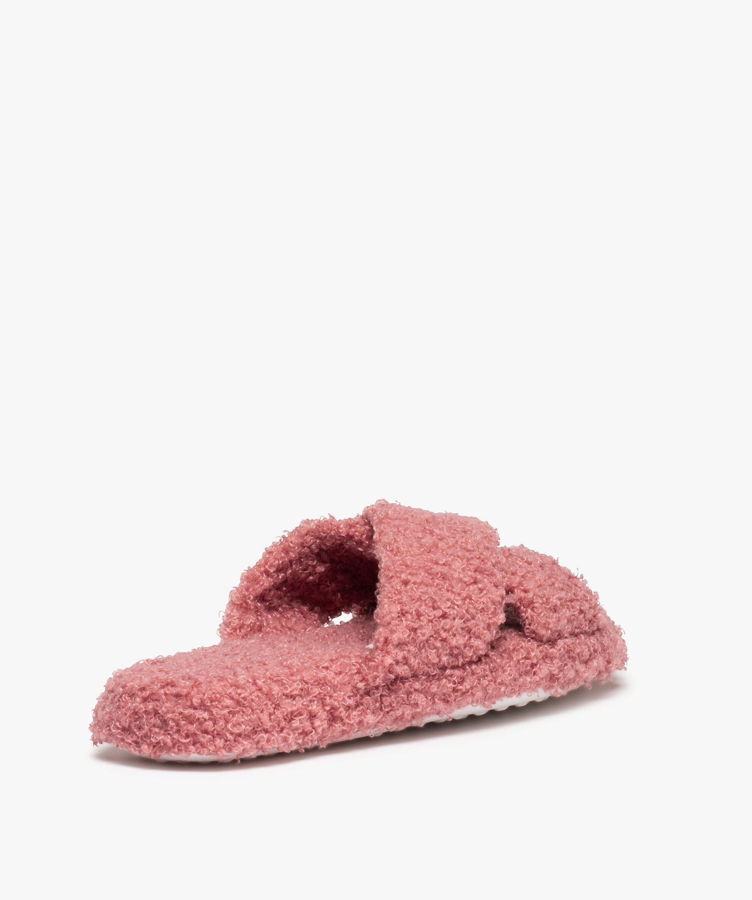 Chaussons femme mules ouvertes en maille bouclette rose | GEMO