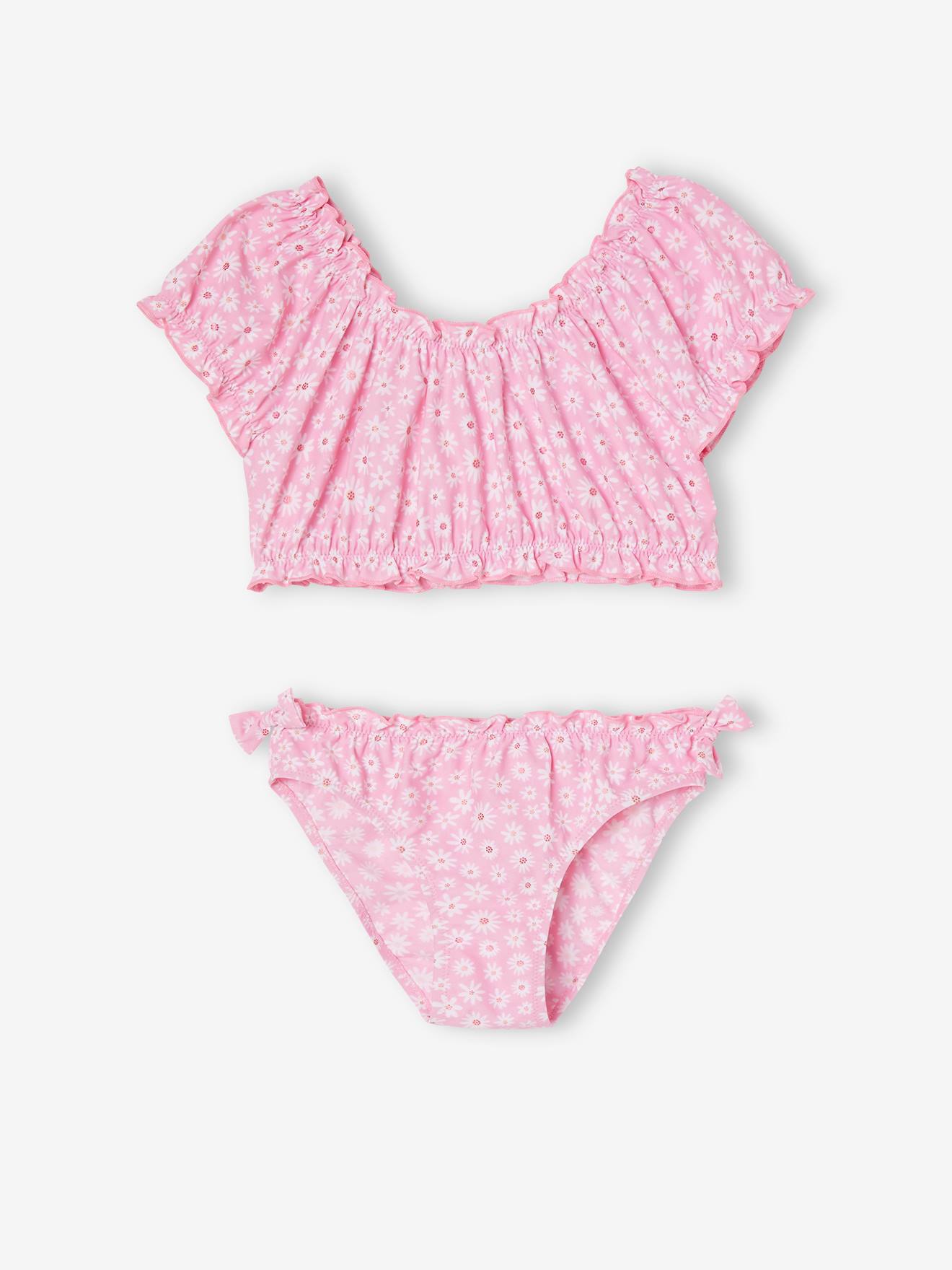 Maillot de bain 2 pièces marguerites fille rose