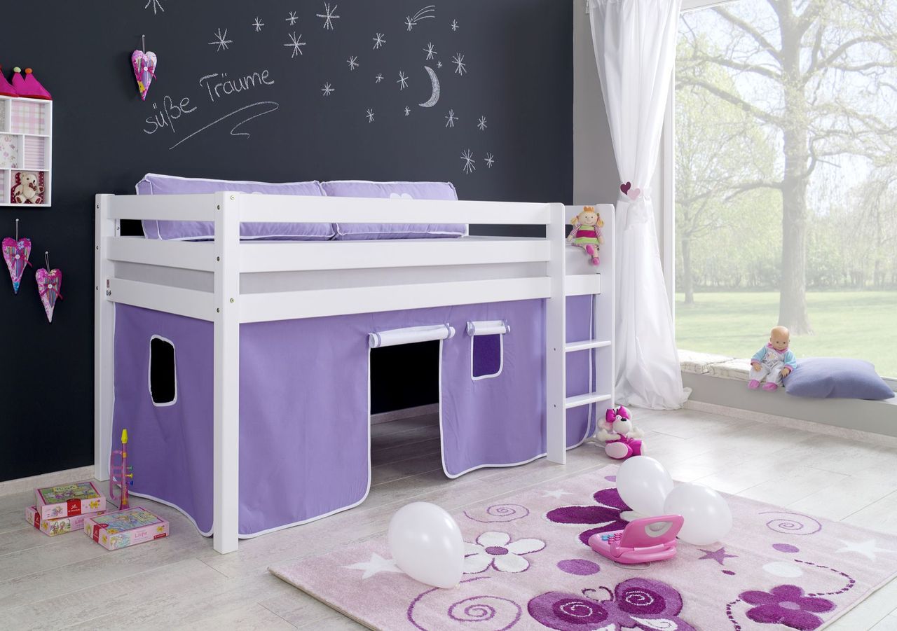 Relita Halbhohes Spielbett ALEX Buche massiv weiß lackiert mit Stoffset Vorhang purple/weiß
