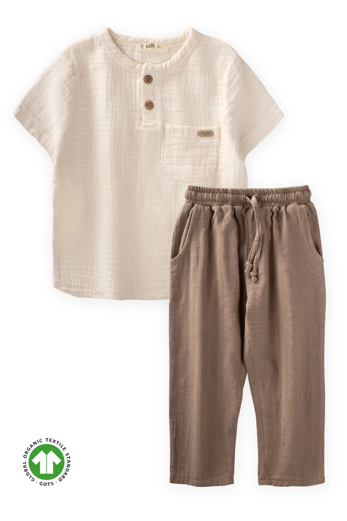 Cigit  Bio-Musselin-Hemd-Set im Bohemian-Stil, Alter 2–7, cremebeige