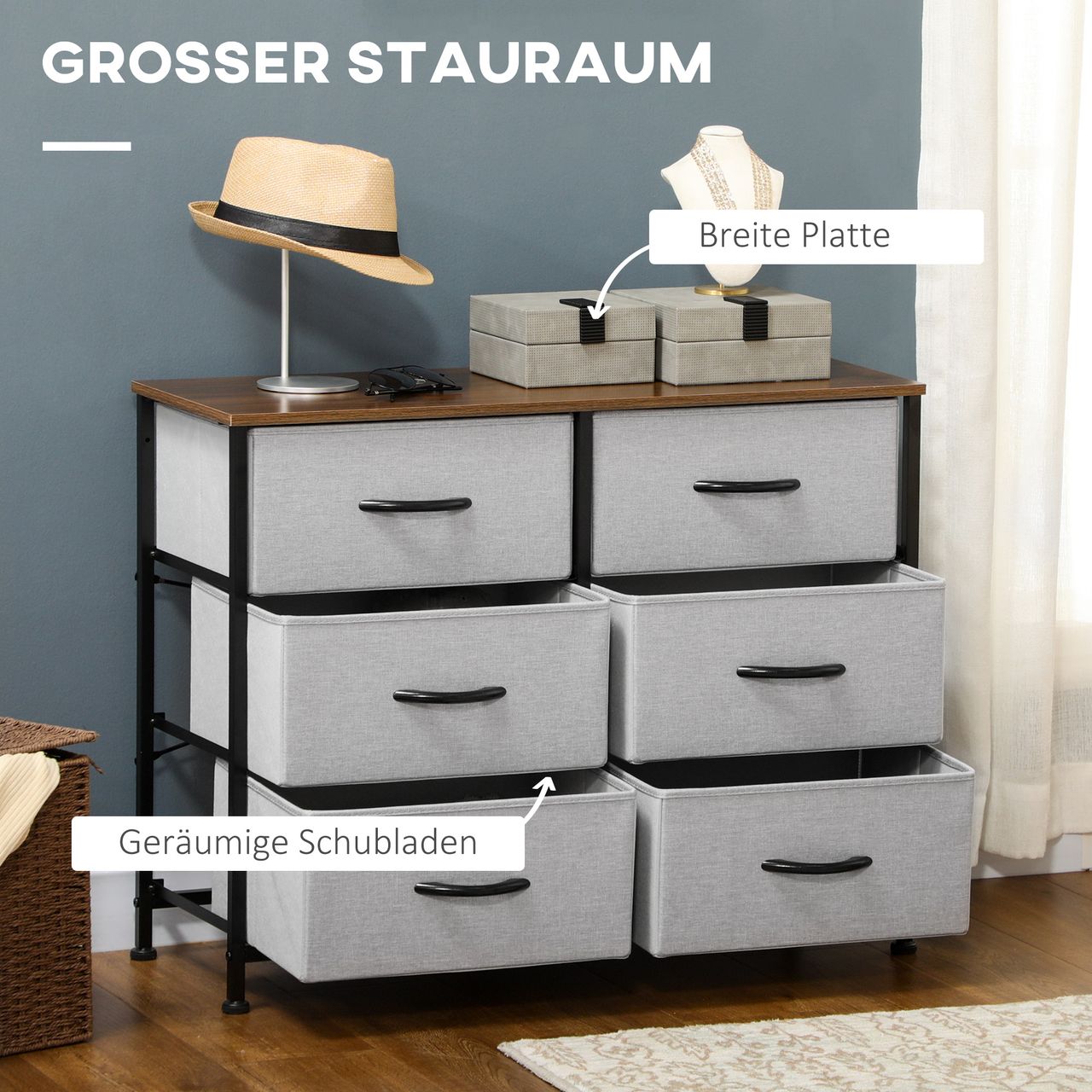 HOMCOM Kommode Schubladenschrank Sideboard mit 6 klappbaren Stoffschubladen Grau