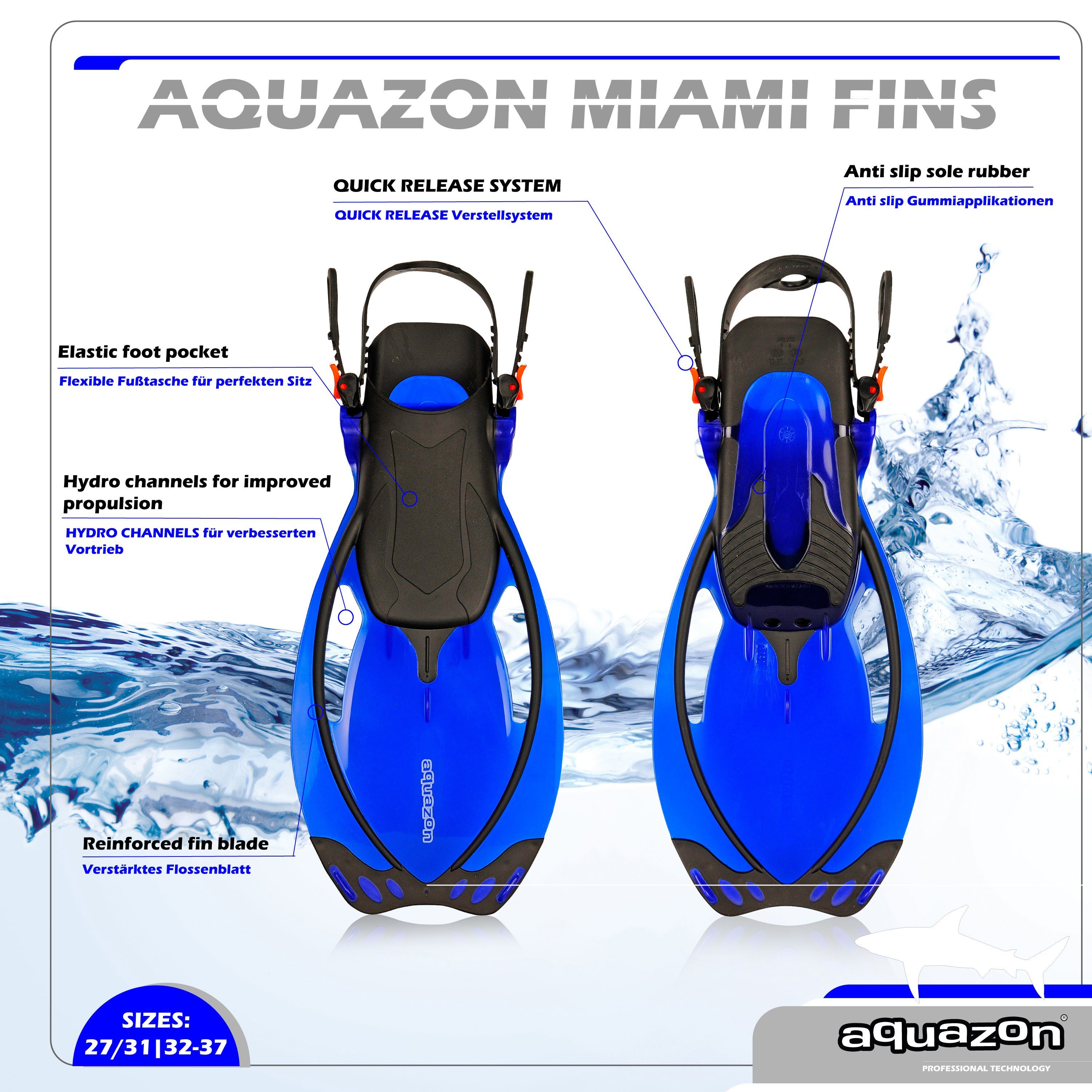 AQUAZON Taucherbrille MIAMI mit Schnorchel und Flossen, Schnorchelset, für Kinder