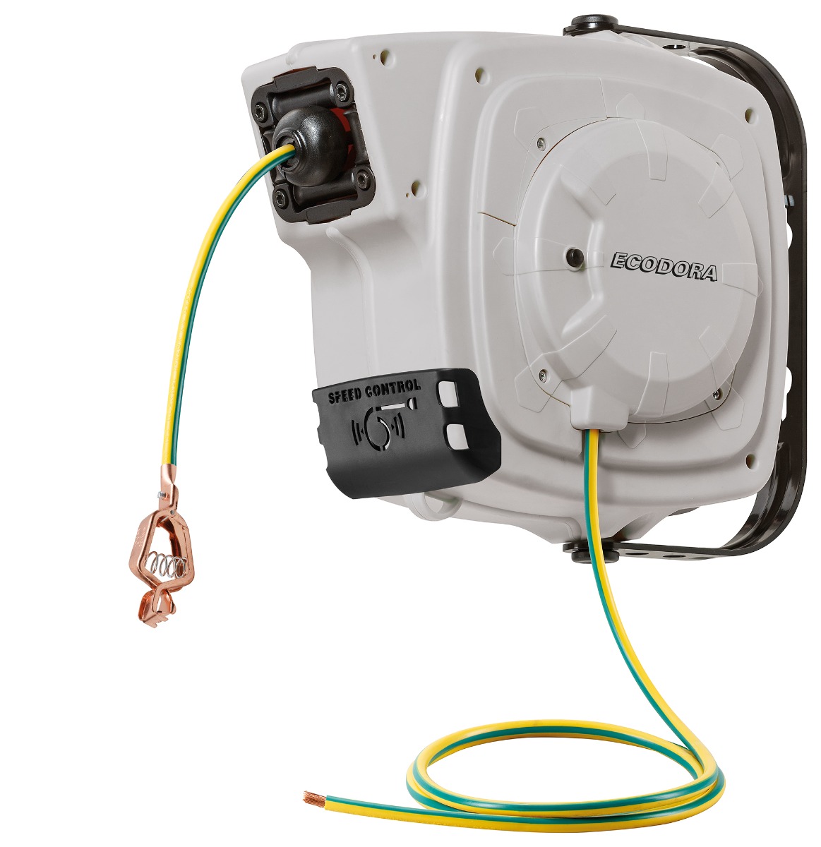 Cablu de împământare Ecodora 0E1161PF, rolă de perete, 14+1 m, 1 x 16 H07, cu clemă, 100 A + control al vitezei