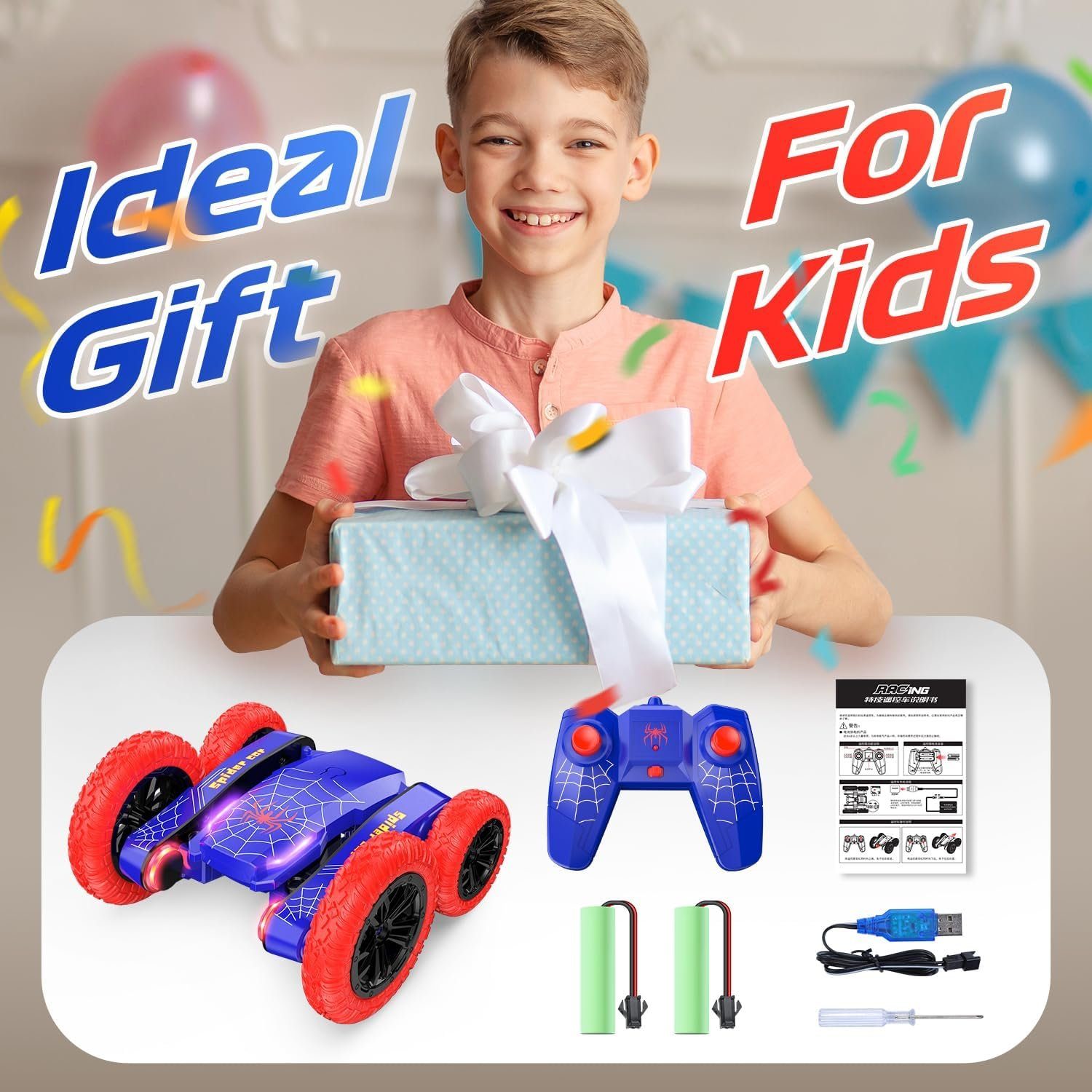 DEERC Ferngesteuertes Auto 4WD 360° Flip Stuntauto mit LED Blinken Spielzeug-Drohne (2,4 GHz Rock Crawler, 2 Batterien und Geburtstagsgeschenk für Kinder)