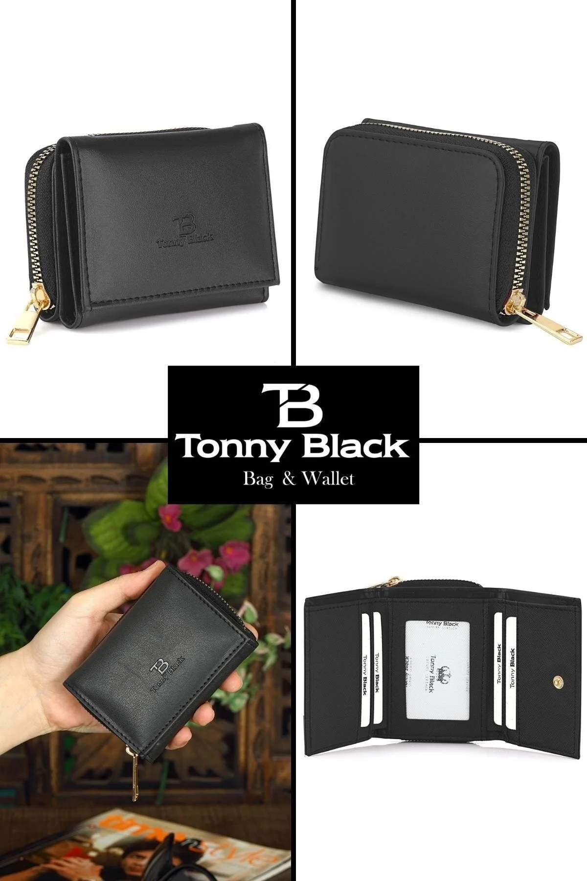 Tonny Black  Originelle Damen-Geldbörse mit mehreren Fächern, vielen Kartenfächern, Fächern für Münzen und Papiergeld aus Leder, stilvoller Kartenhalter-Geldbörse mit Reißverschluss