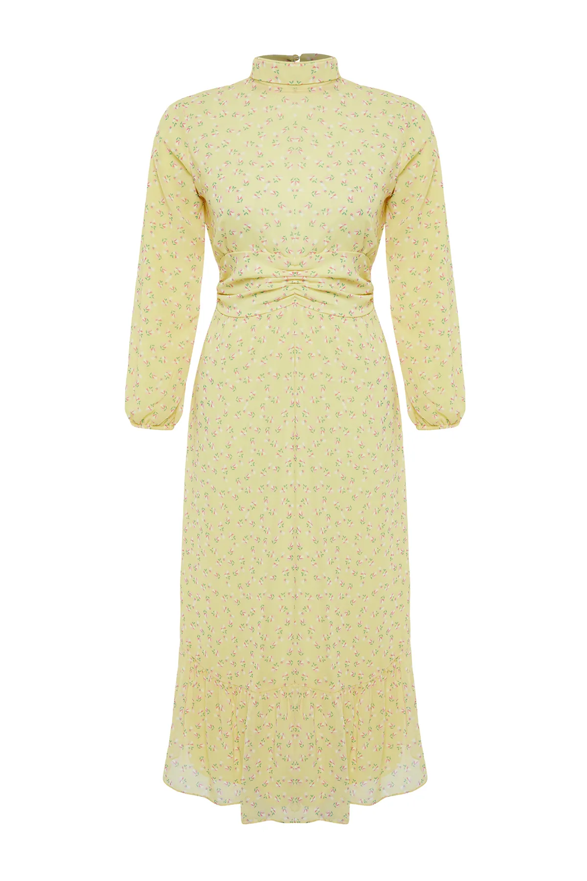 Trendyol Modest  Gelbes Blumenkleid mit hohem Kragen und detailliertem, gefüttertem Chiffon-Gewebe TCTSS22EB0032