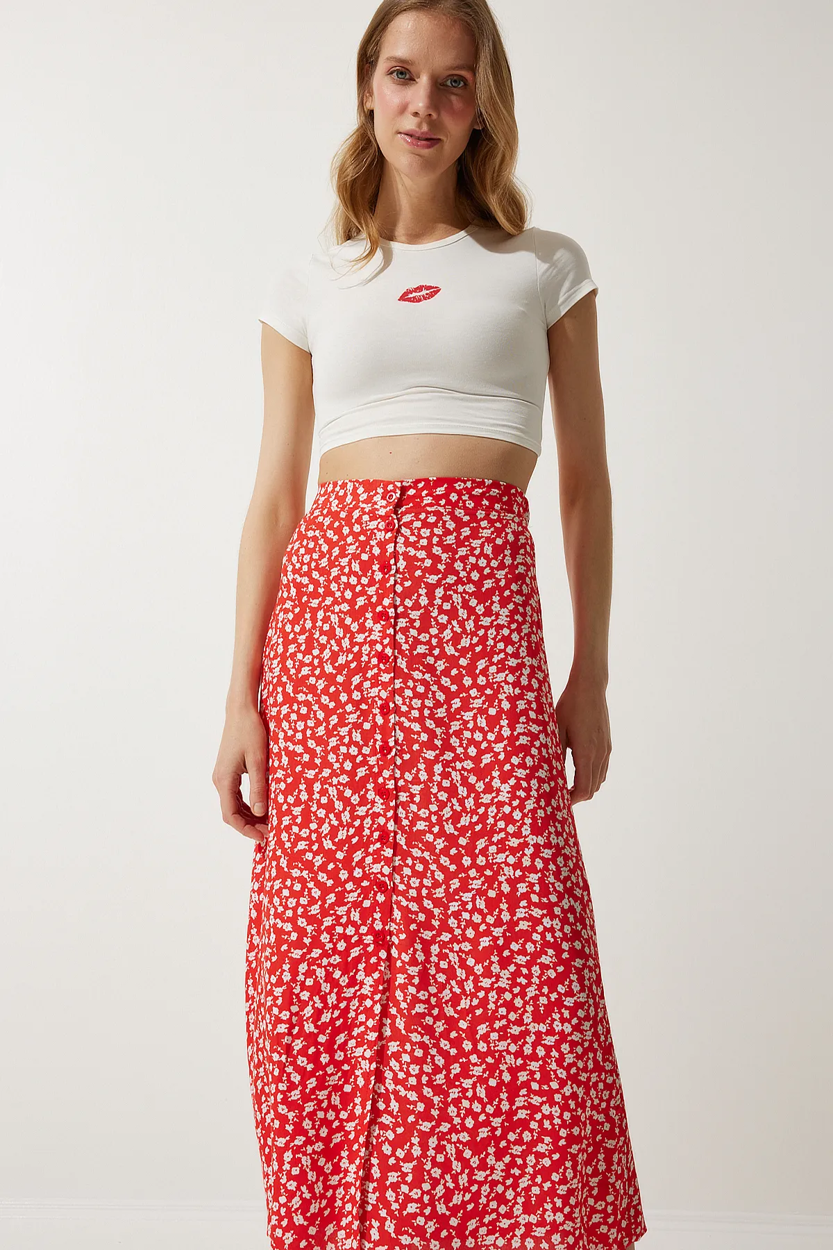 Happiness İstanbul  Orange gemusterter Viskoserock mit Schlitz für Damen UB00246