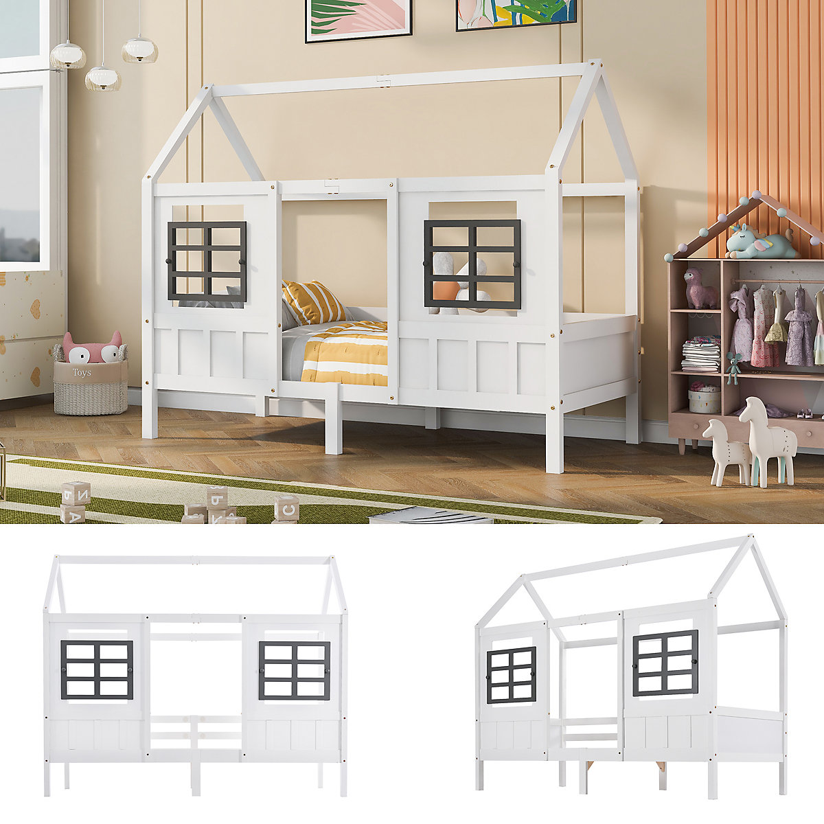 Hausbett 90x200 cm mit Rausfallschutz und Fenstern, Kinderbett Kiefer