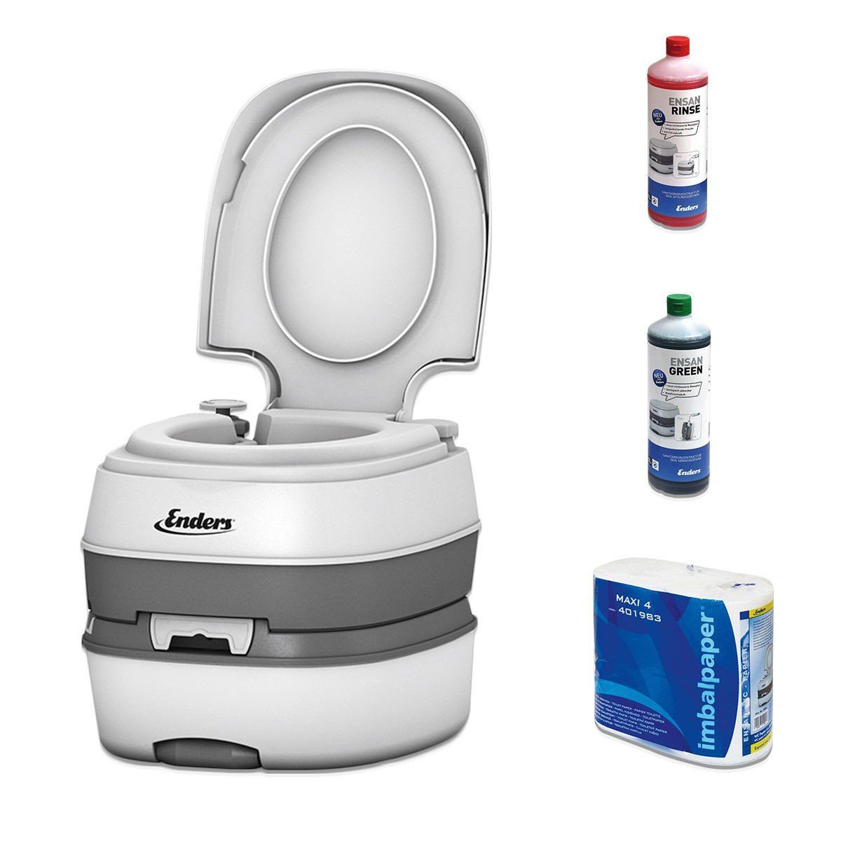 Enders® Campingtoilette Deluxe Green Set, (Spar-Set, inkl. 1L RINSE + 1L GREEN + 4 Rollen selbstauflösendes Toilettenpapier), Kolbenpumpe, farbige Füllstandsanzeige, integrierte Transportrolle