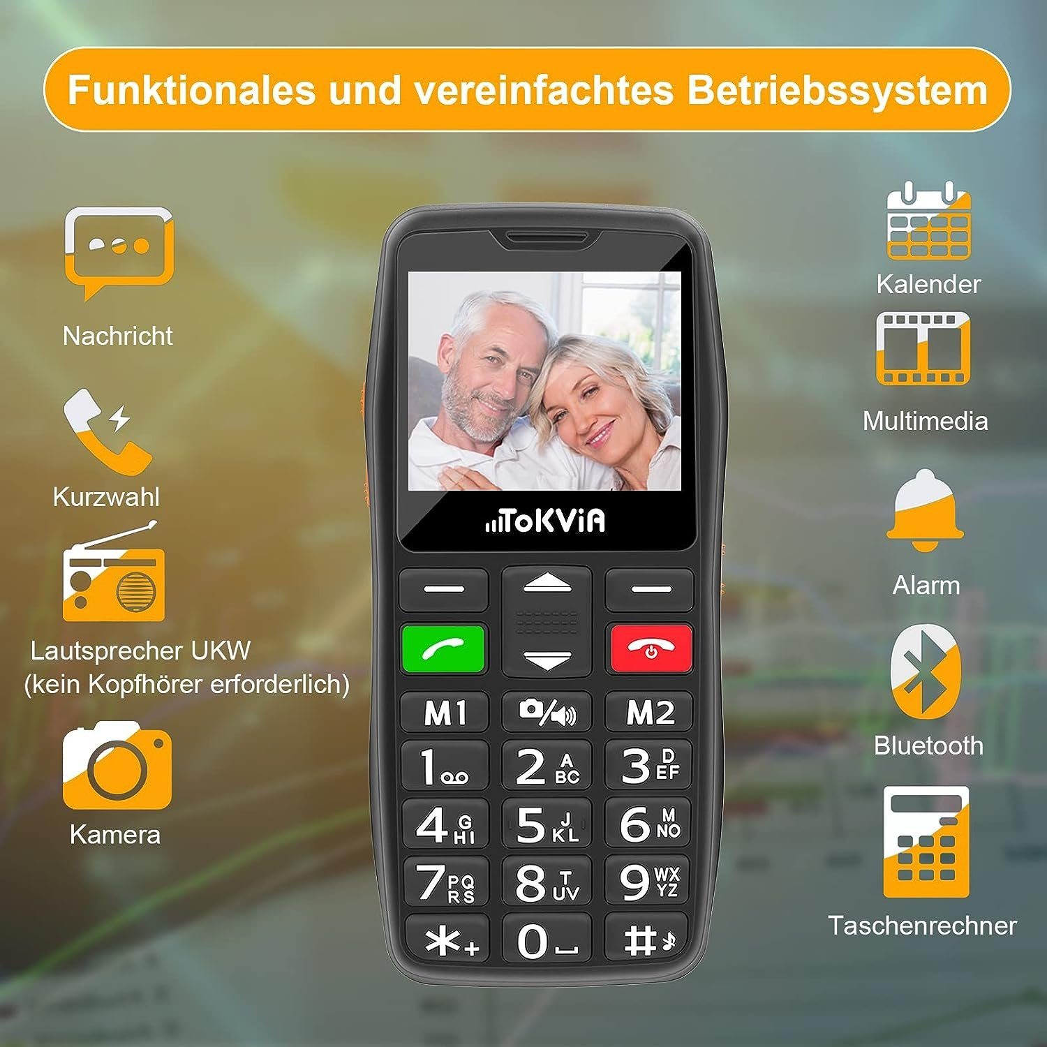 TOKVIA Seniorenhandy T102 GSM Handy m.großen Tasten Notruftaste ohne ertrag Seniorenhandy (64 GB Speicherplatz)