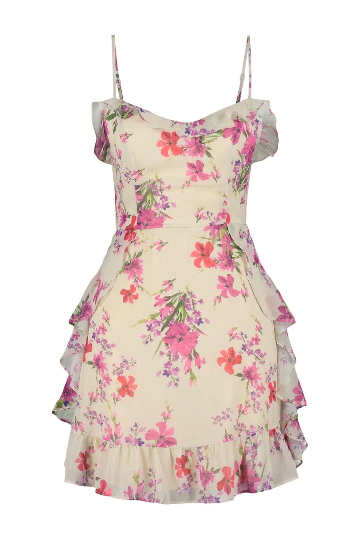 Trendyol Collection  Beigefarbenes, gewebtes A-Linien-Minikleid mit Volant und gefüttertem Blumendruck TWOSS20EL1267