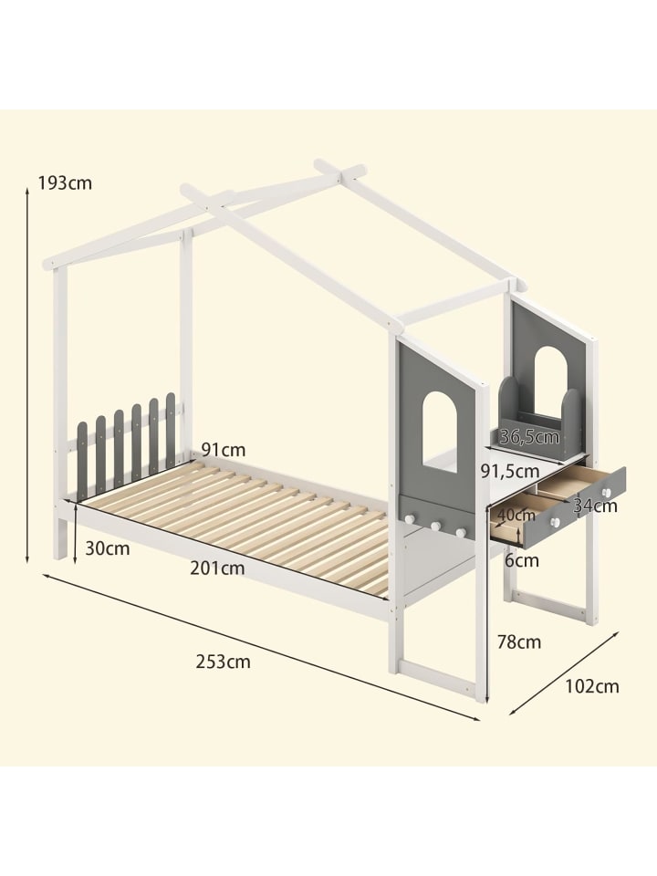 COSTWAY Kinderbett 90x200cm mit Dach & Schreibtisch in Weiß günstig kaufen onesize