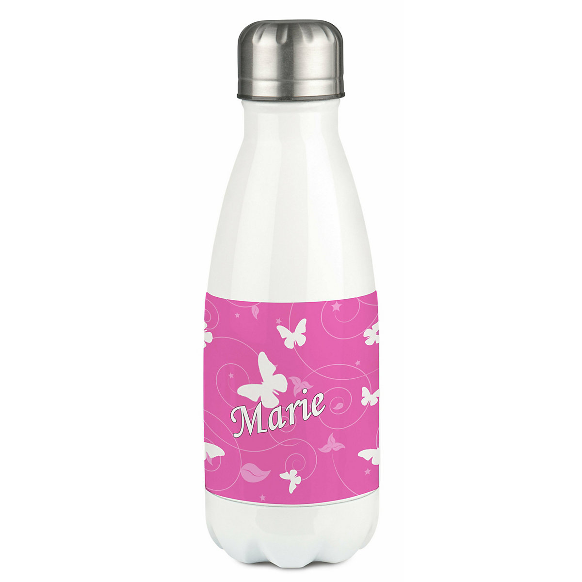 Edelstahl Kinder Thermoflasche / Trinkflasche bunt Schmetterling Ornamente Farbe rosa Spülmaschinenfest, Auslaufsicher, Bruchfest, Doppelwandig, Für Heißgetränke geeignet, Mit Deckel, Isoliert