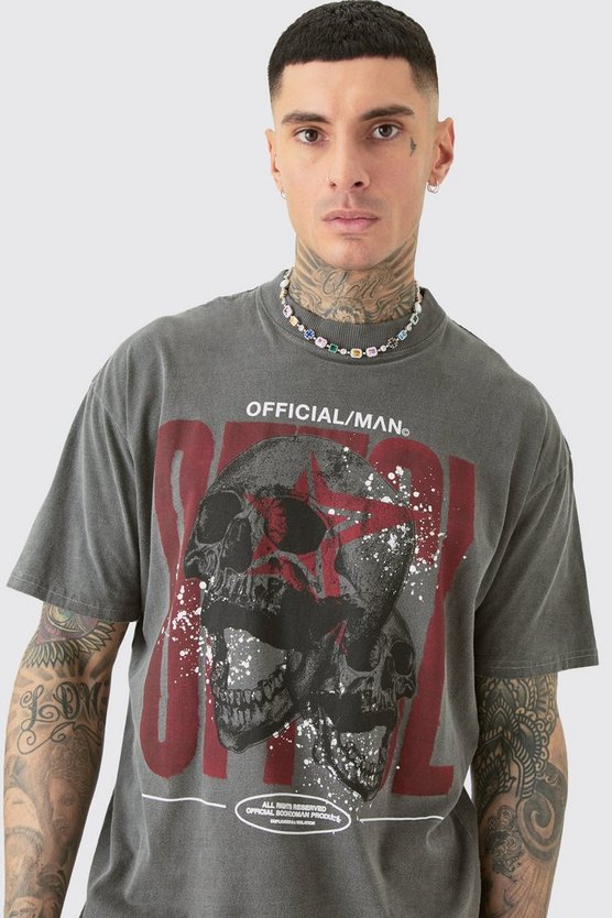 Tall T-Shirt mit Acid-Waschung und Official Totenkopf-Print
