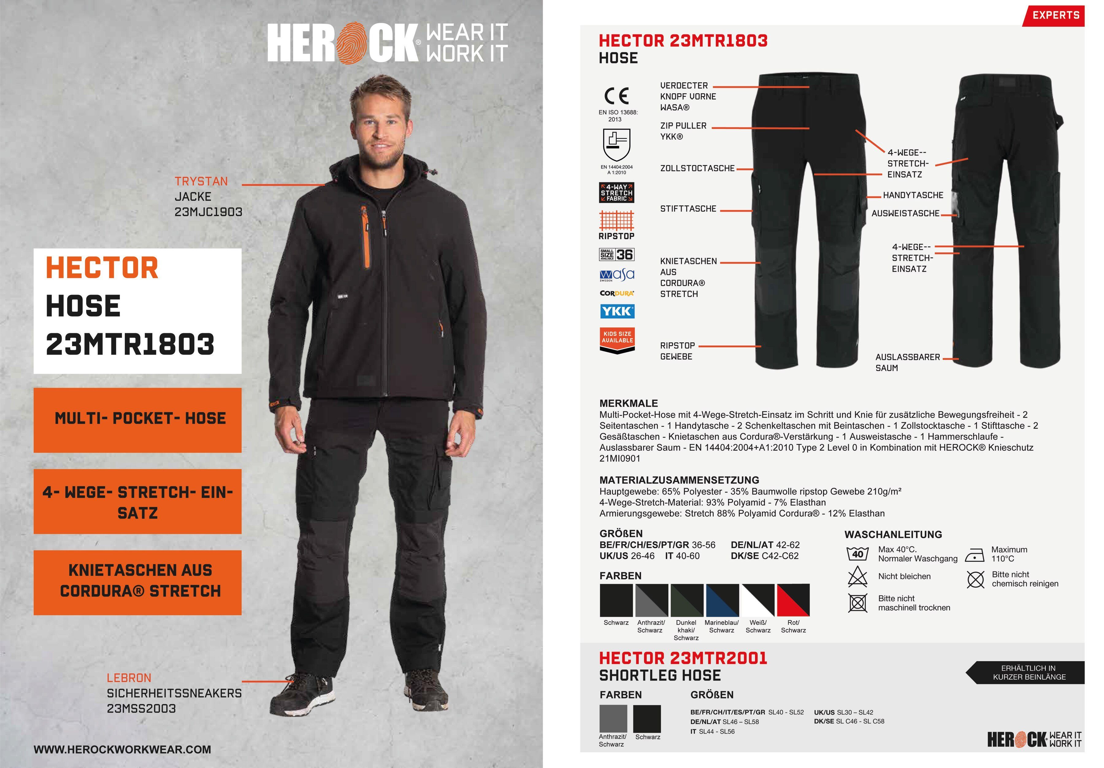 Herock Arbeitshose Hector Hoses Multi-Pocket, 4-Wege-Stretch, verdeckter Knopf, verstärkte Knietaschen