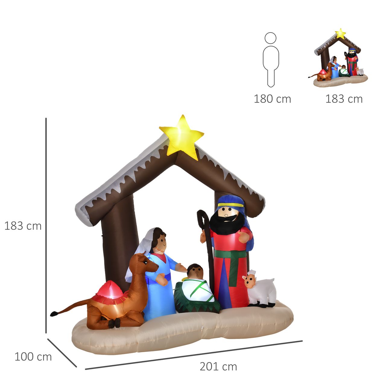 HOMCOM Aufblasbarer Weihnachtsbogen Bibel-Bogen von Jesus' Geburt Weihnachtsdekoration 1,8 m Bogen mit LED-Lichter wasserdicht automatisches Aufblasen Polyester mehrfarbig 201 x 100 x 183 cm