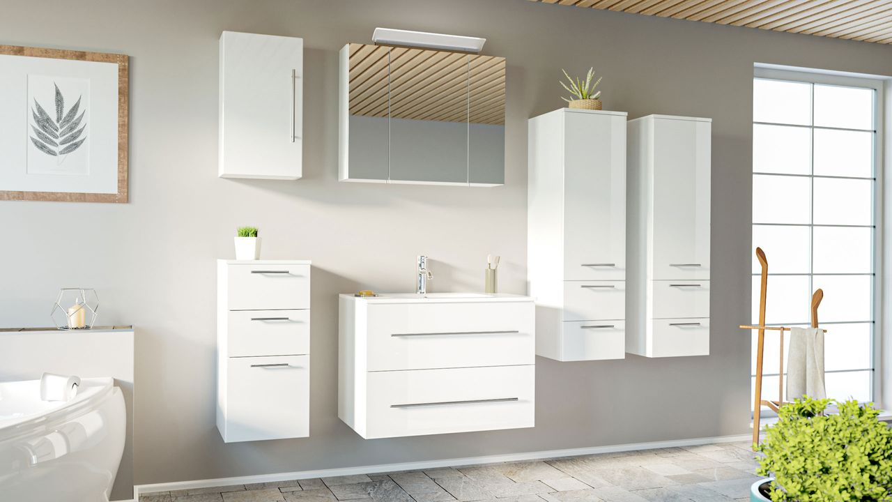 Posseik Badmöbel-Set HOMELINE 80 cm (6-teilig) weiß hochglanz EEK: F