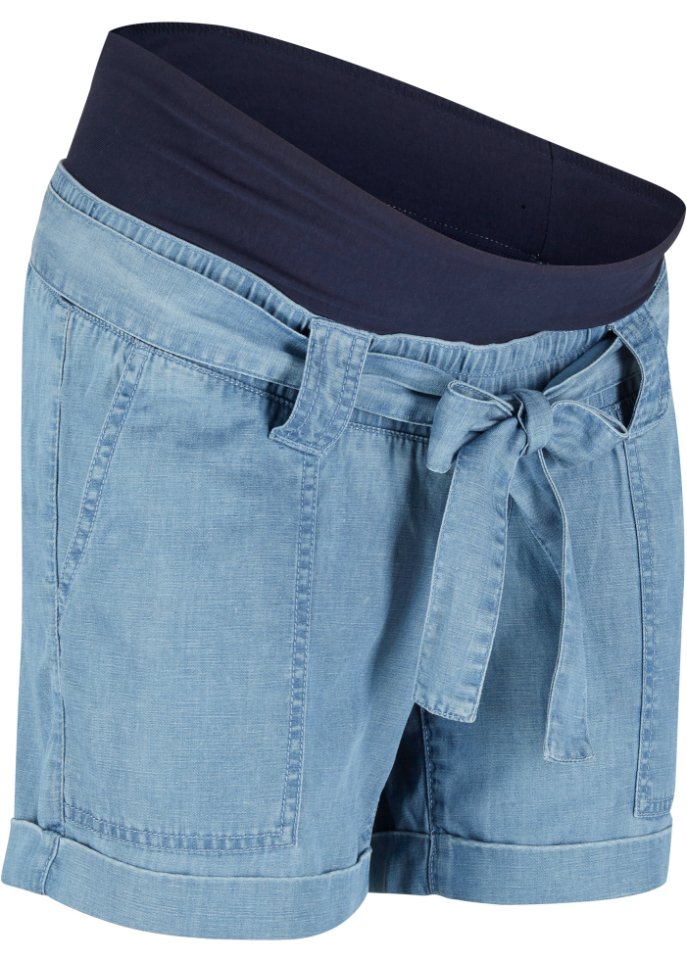 Umstandsshort mit Leinen in Jeans-Optik