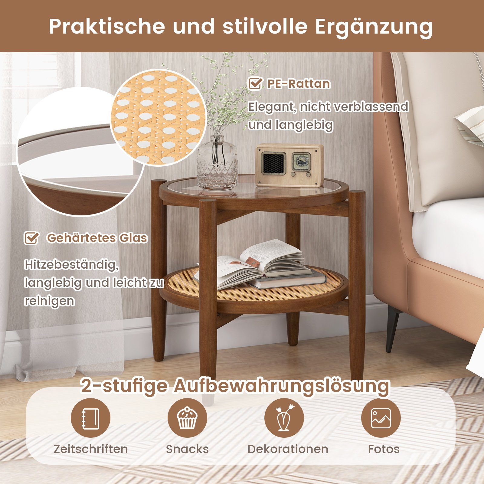 COSTWAY Beistelltisch, gehärtete Glasplatte, mit Rattan Ablage, rund 56x56cm