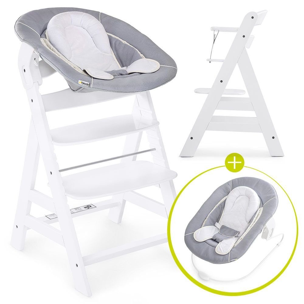 Hauck Hochstuhl Alpha Plus White Newborn Set (Set), Holz Babystuhl ab Geburt mit Aufsatz für Neugeborene höhenverstellbar