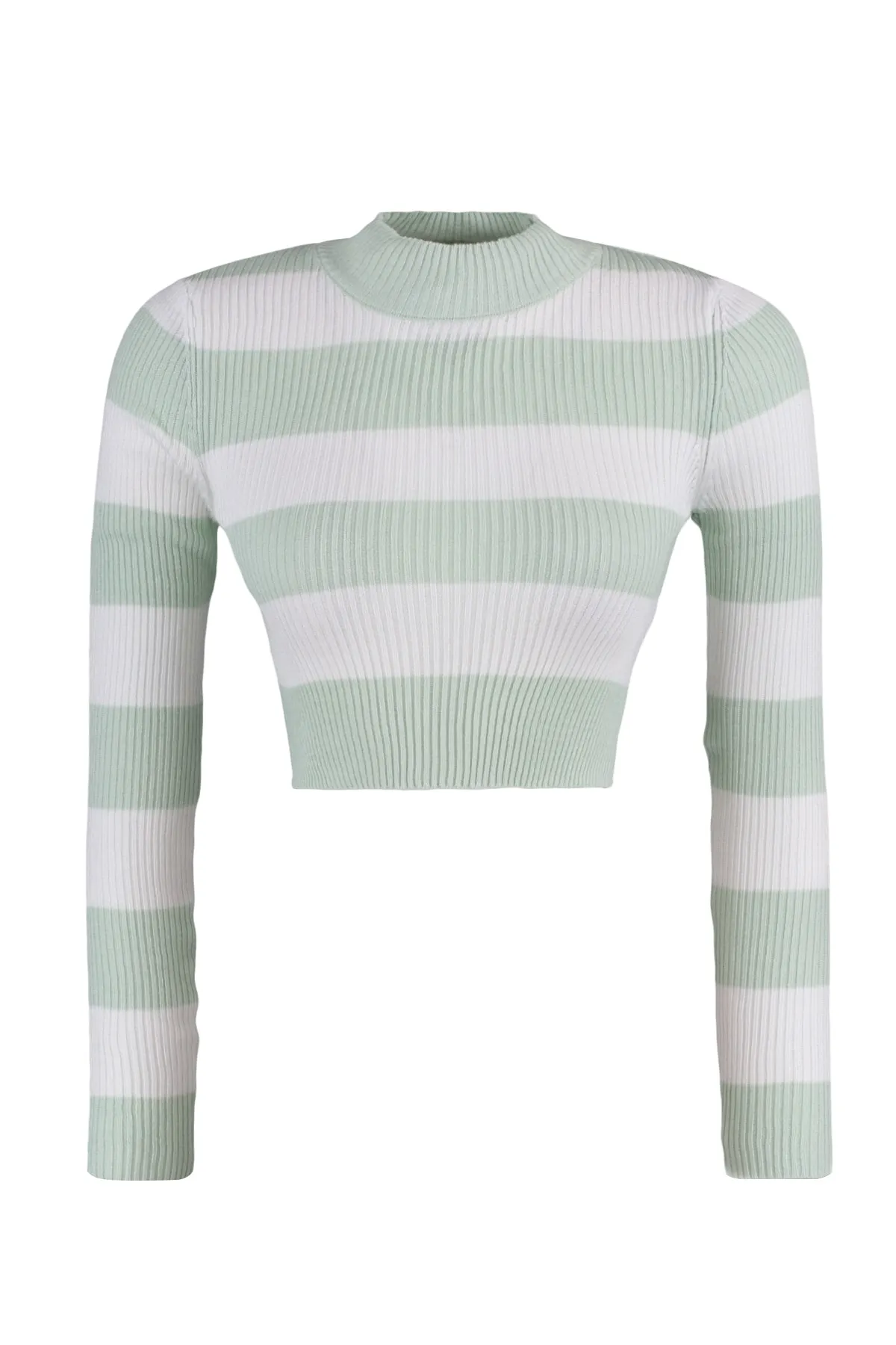 Trendyol Collection  Mintgrüner, kurzer Strickpullover aus Baumwolle mit Streifen TWOAW20KZ0255