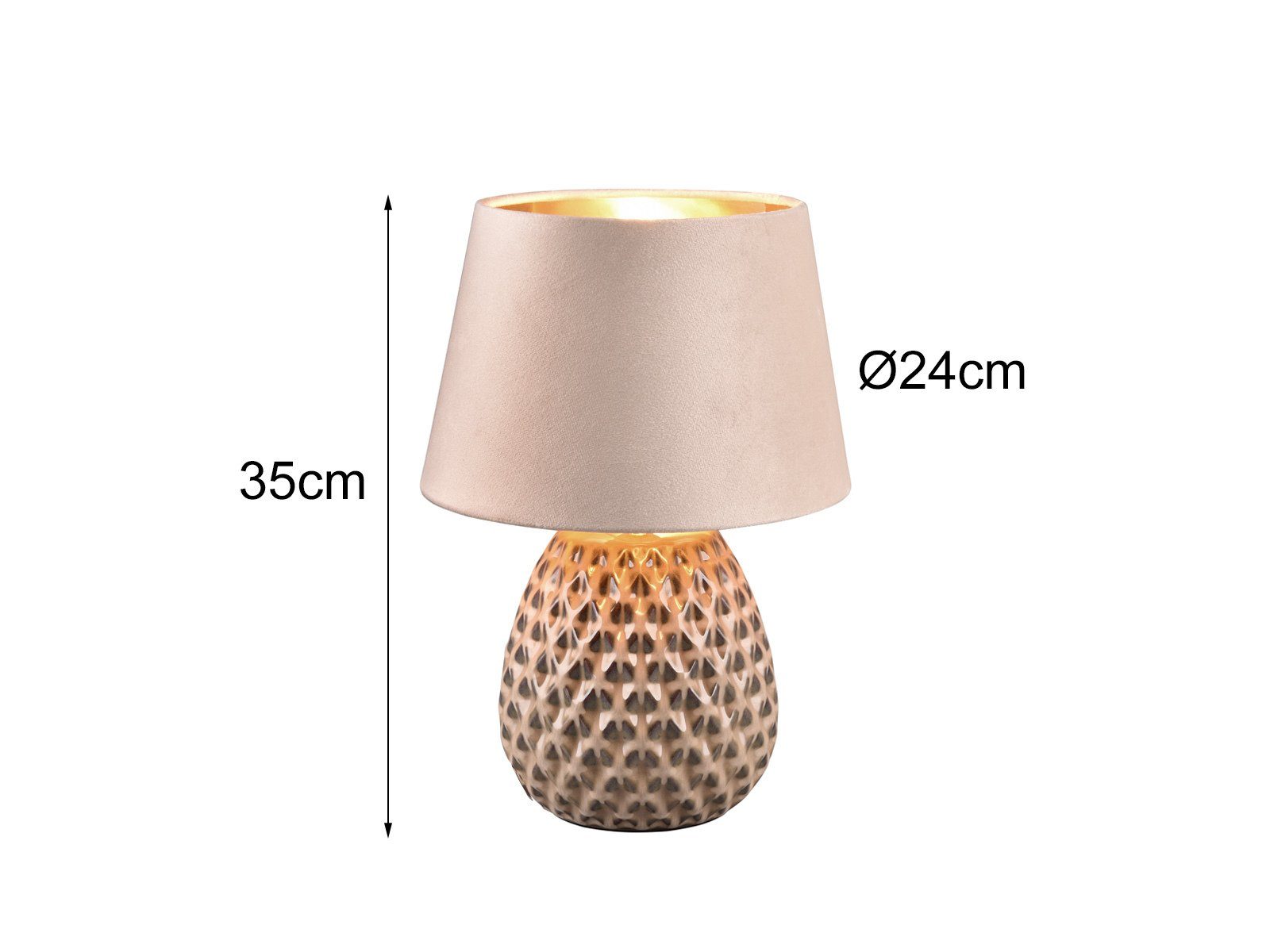 meineWunschleuchte LED Nachttischlampe, LED wechselbar, warmweiß, dimmbar Designer Lampenschirm Samt & Keramik-fuß Gold-en, Höhe 35cm