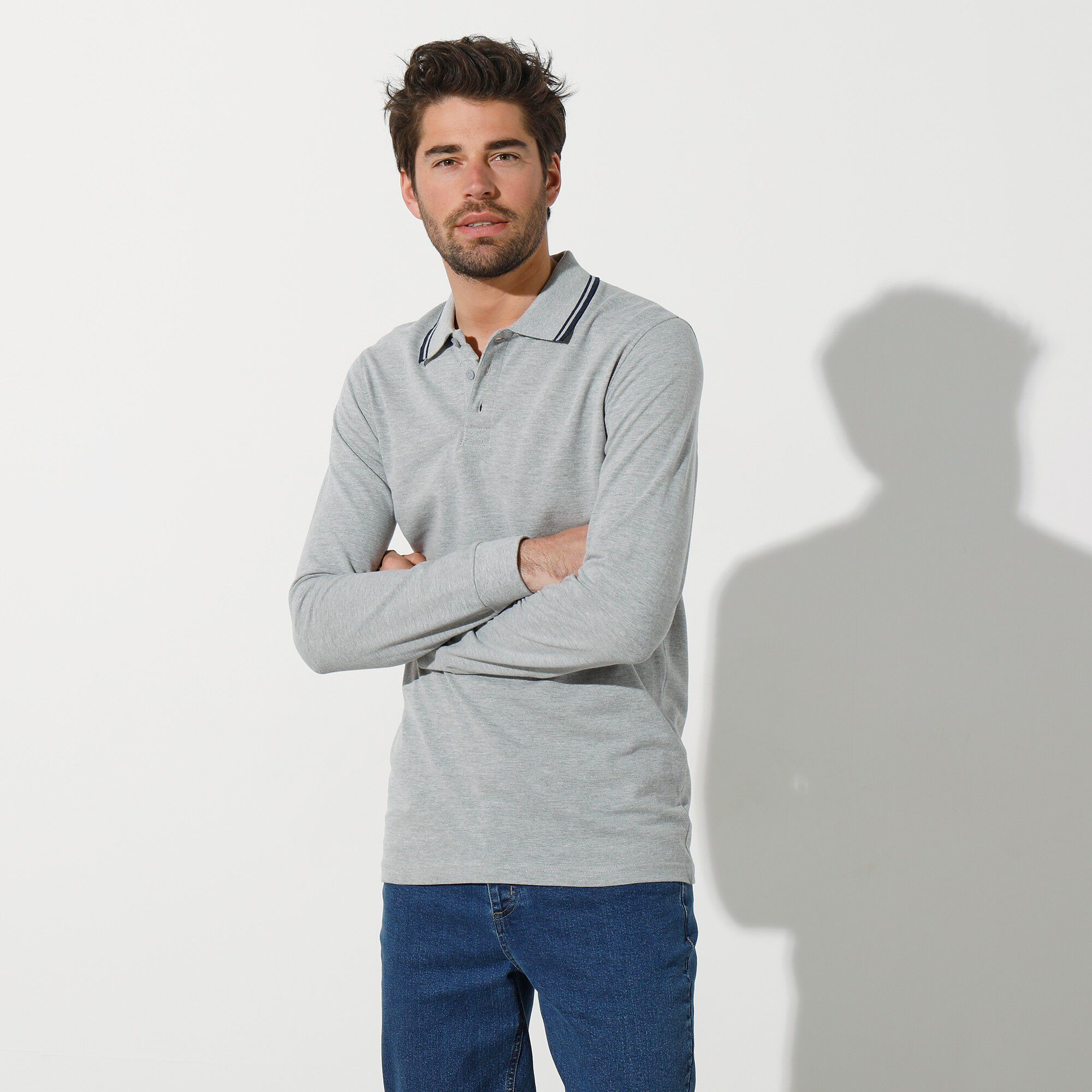 Polo uni maille piquée manches longues