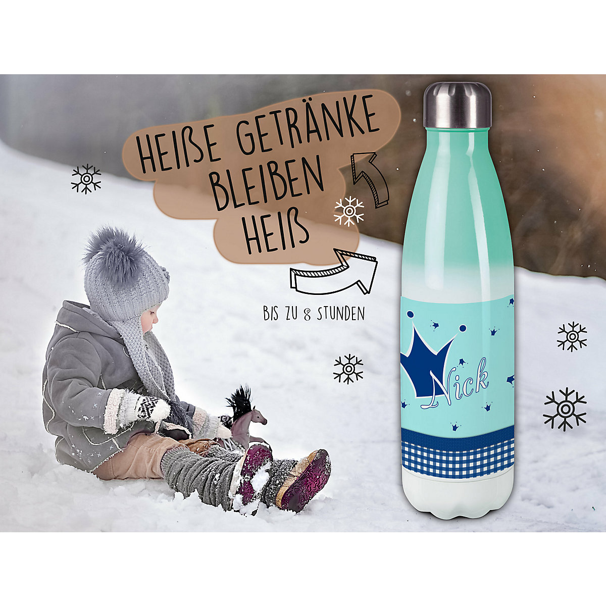 Edelstahl Kinder Thermoflasche / Trinkflasche bunt Krone Farbe hellblau blau Spülmaschinenfest, Auslaufsicher, Bruchfest, Doppelwandig, Für Heißgetränke geeignet, Mit Deckel, Isoliert