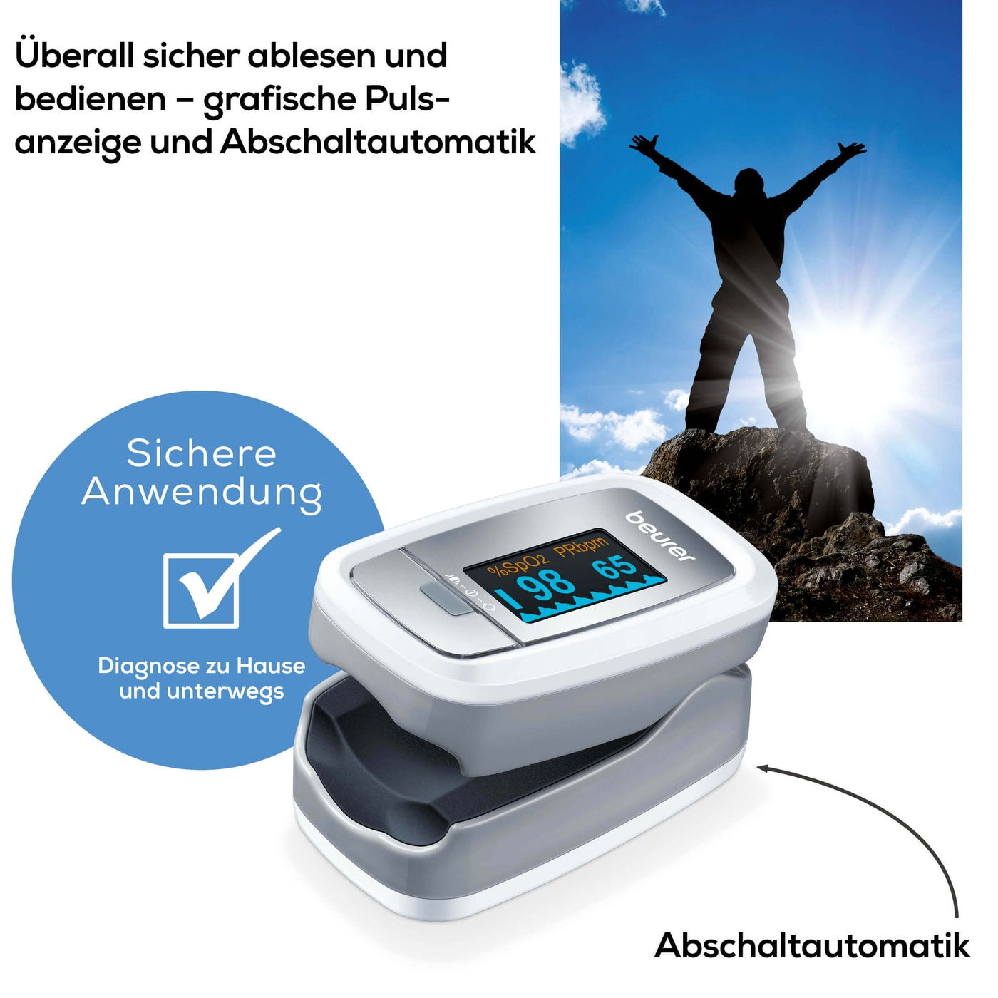 Beurer Pulsoximeter PO 30-Handliches Pulsoximeter zur Messung der Sauerstoffsättigung & Herzfrequenz