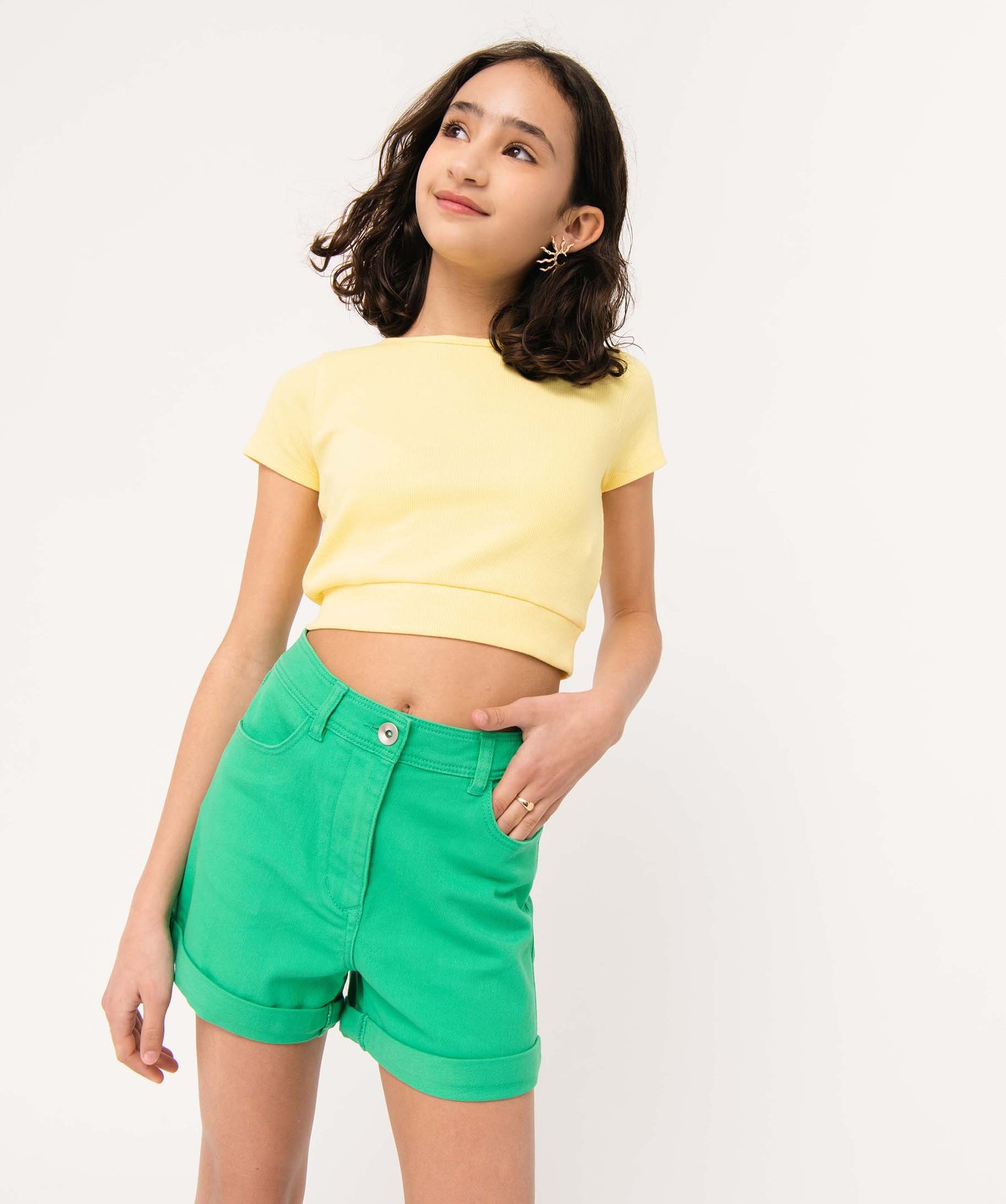 Short fille en toile denim avec revers vert | GEMO
