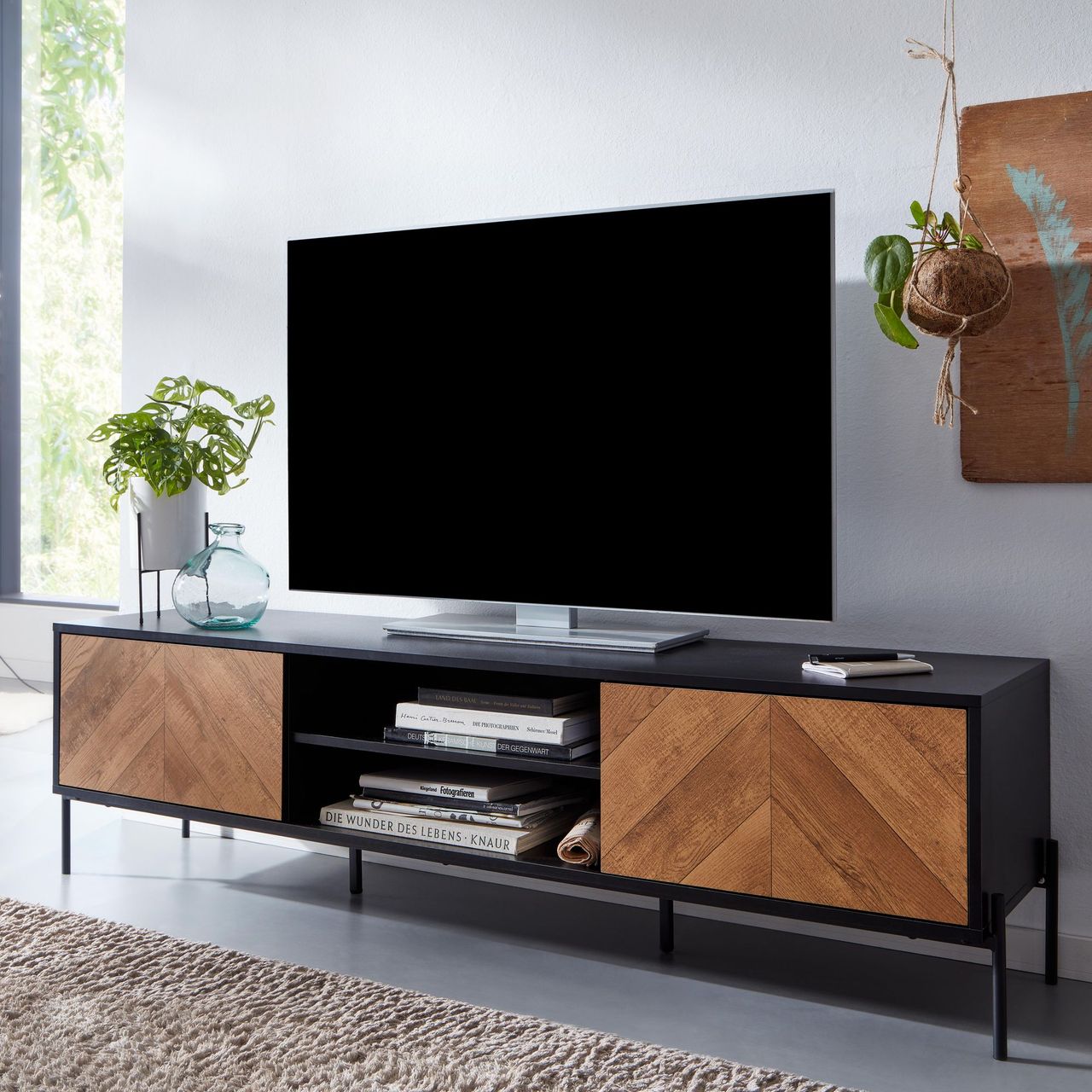 Skyport WOHNLING TV Schrank 163x45x40 cm Lowboard Holz Fernsehkommode Fernsehschrank