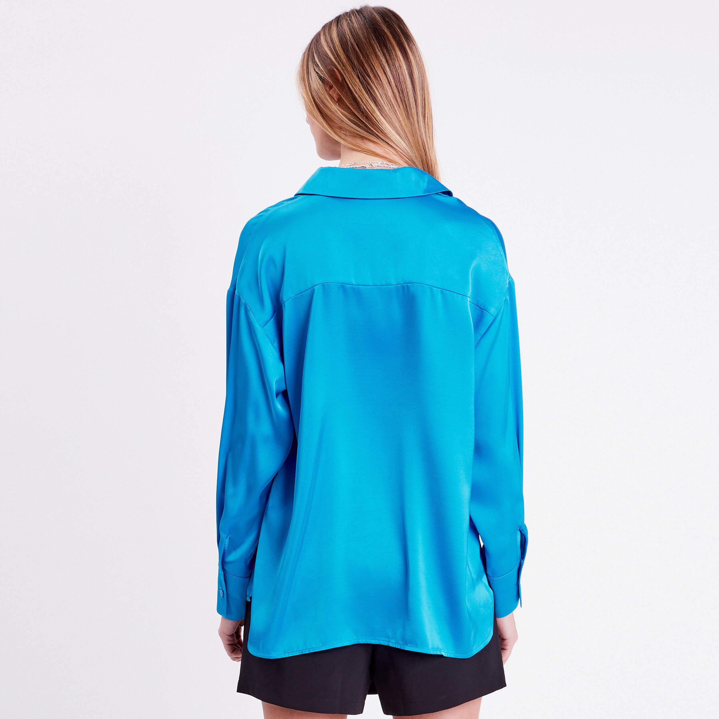 Chemise manches longues satin bleu femme | Cache Cache