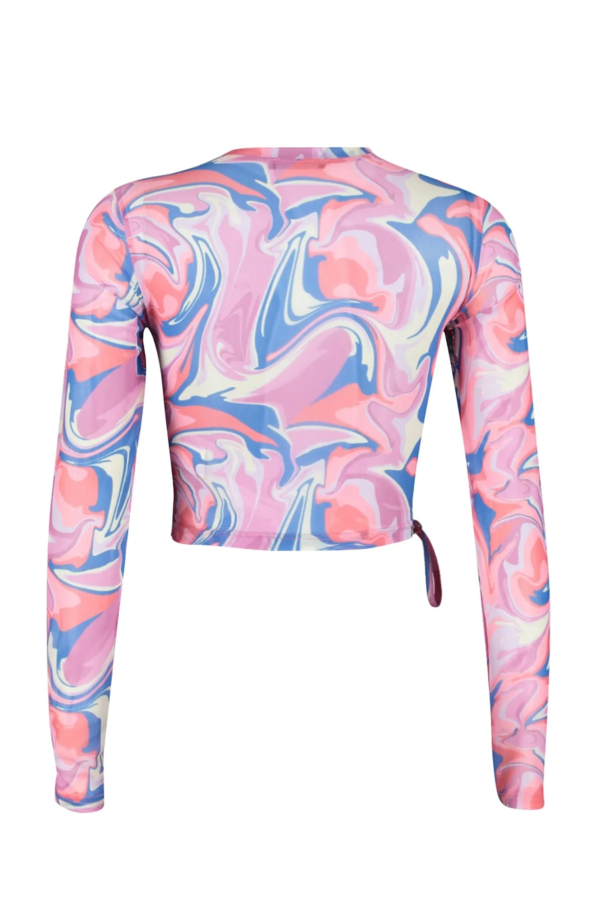 Trendyol Collection  Mehrfarbig bedruckte, geraffte, detaillierte Basic-Crop-Strickbluse mit Rundhalsausschnitt und flexiblem Tüll TWOSS23BZ00687