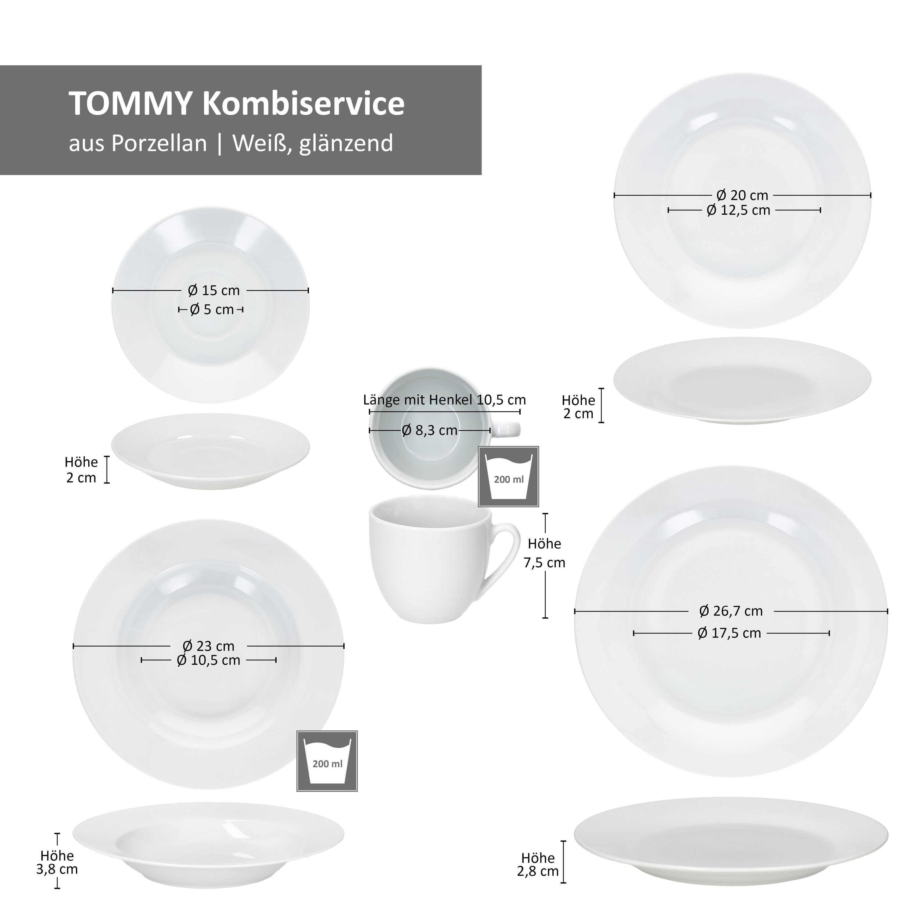MamboCat Kombiservice 30tlg Kombiservice Tommy weiß Porzellan 6 Personen Tassen Teller, Porzellan