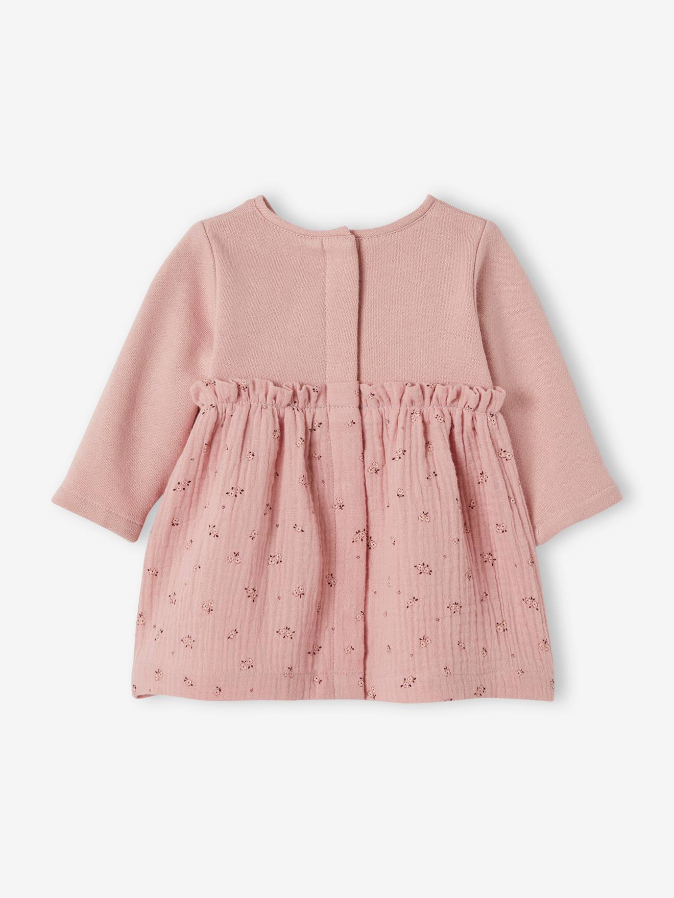 Robe bi-matière en molleton bébé rose imprimé