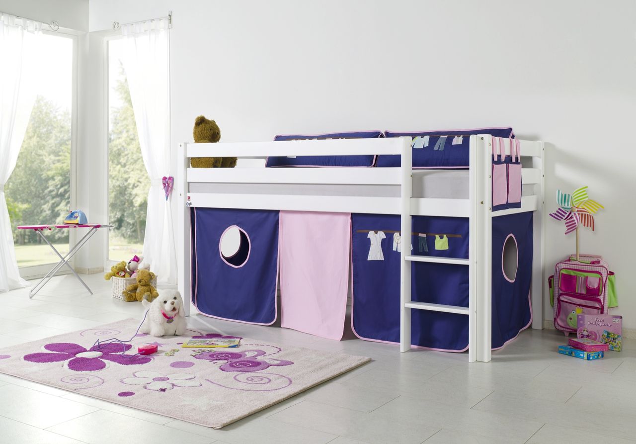 Relita Halbhohes Spielbett ALEX Buche massiv weiß lackiert mit Stoffset Kleider Kleider/Violett