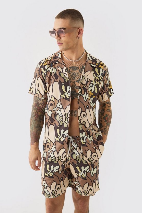 Ripstop Hemd mit Graffiti-Print & Badehose