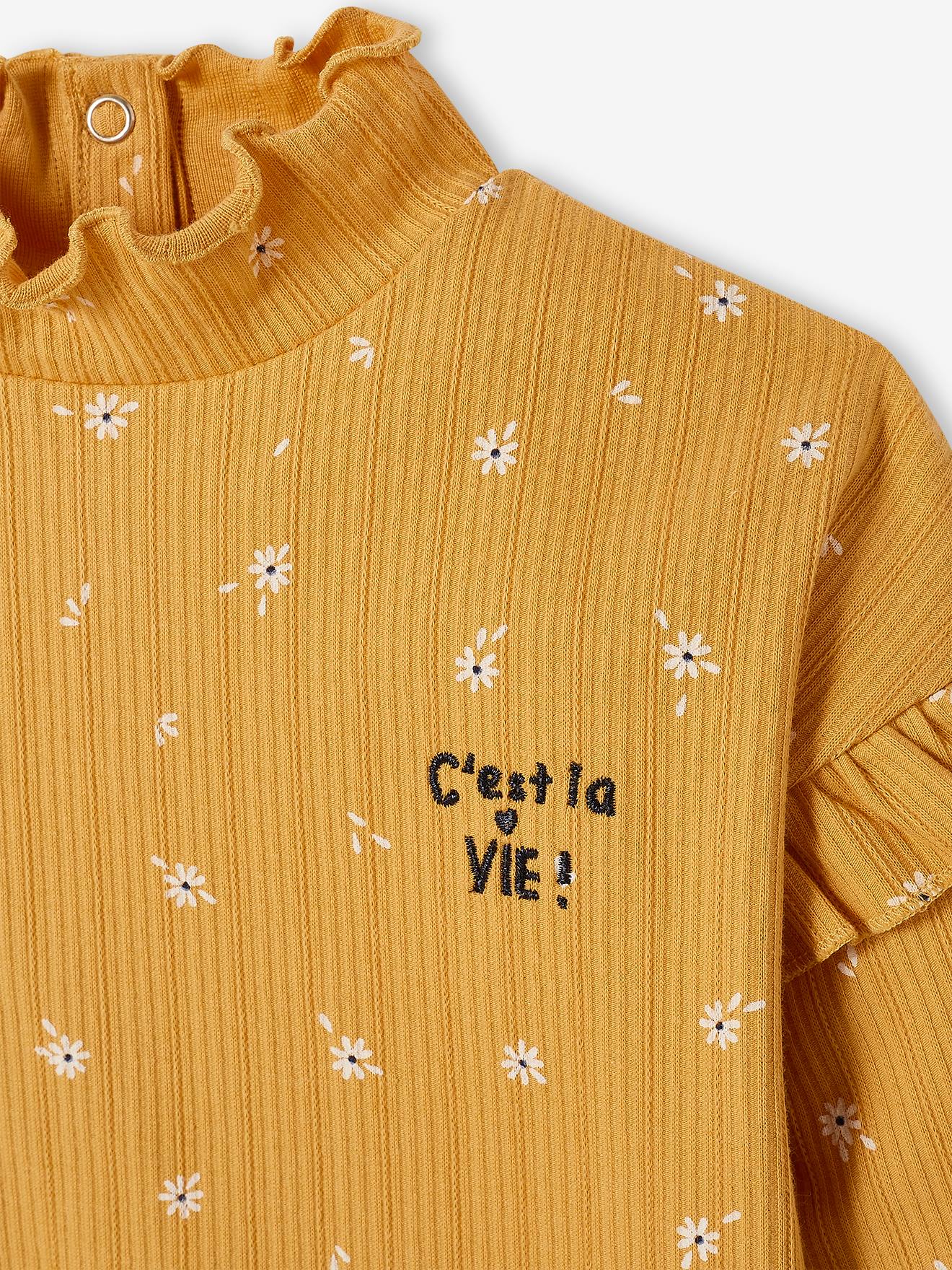 T-shirt col montant en maille côtelée fille manches volantées ocre