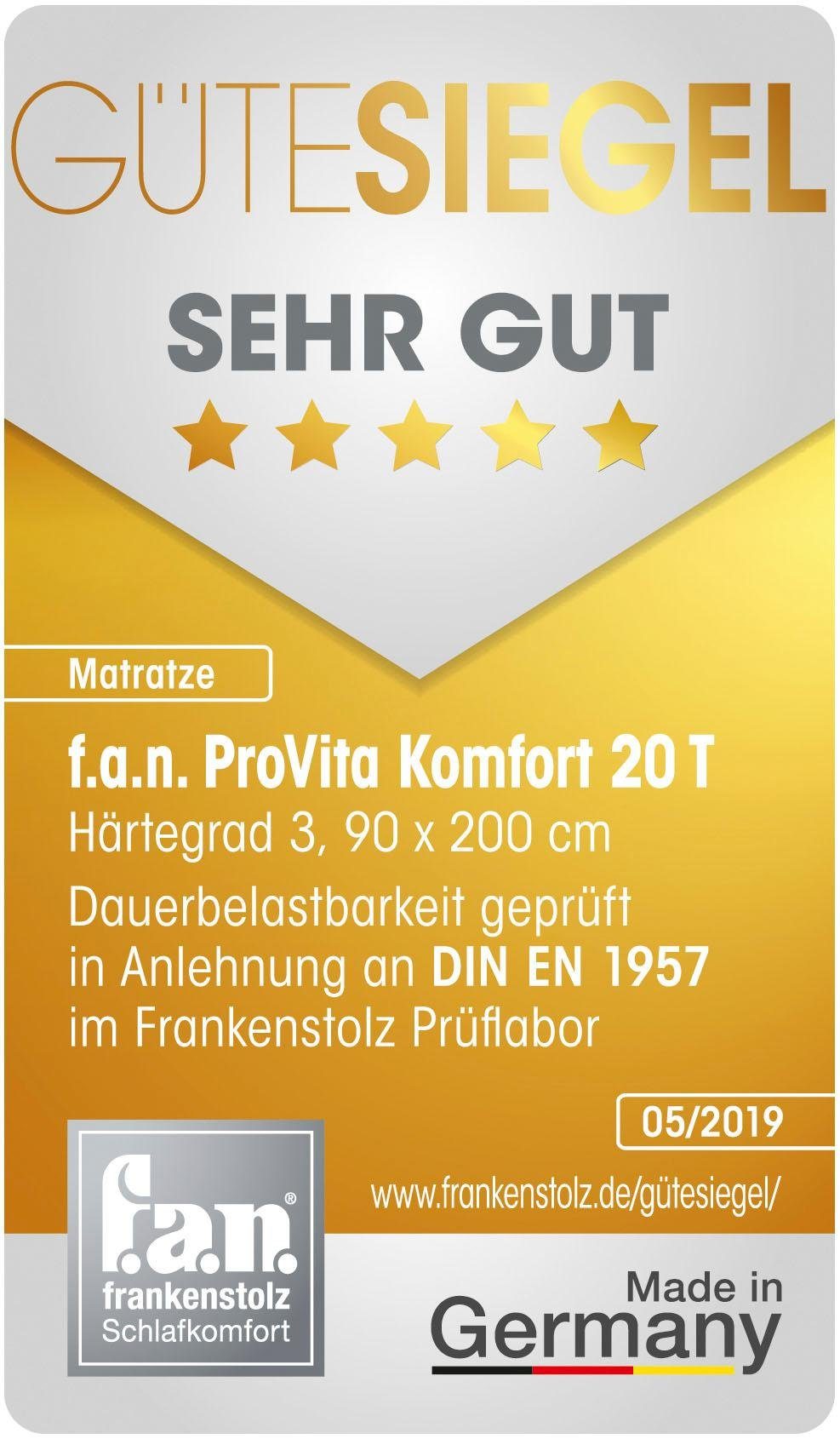 Taschenfederkernmatratze ProVita Komfort 20 T, f.a.n. Schlafkomfort, 20 cm hoch, Gütesiegel 5 Sterne SEHR GUT-Bewertung
