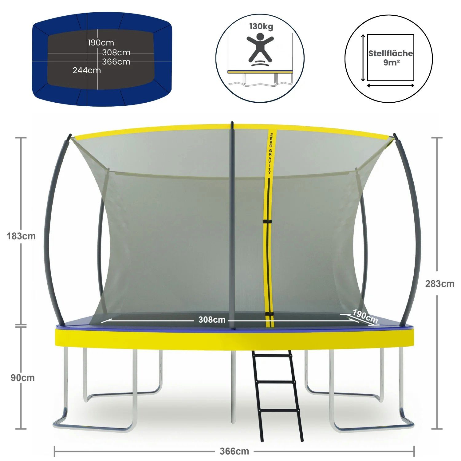 Zero Gravity Gartentrampolin oval/rechteckig, inkl. Leiter & Sicherheitsnetz, TÜV zert., 3 Größen:, 305 x 213 cm, 366 x 244 cm, 457 x 366 cm